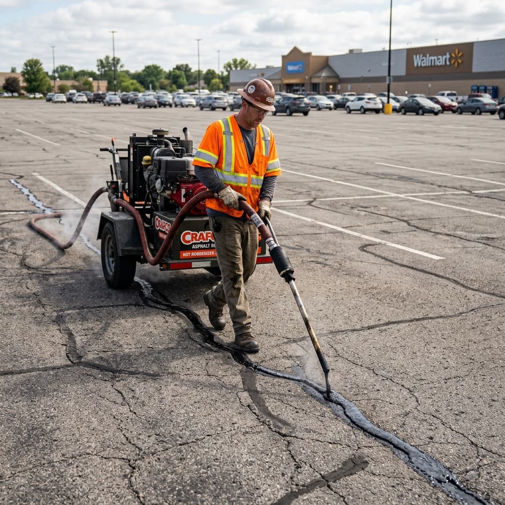 Worker applying hot rubber crack filler in a commercial parking lot