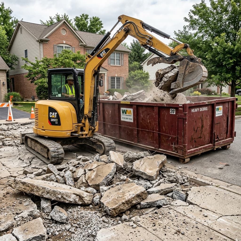 Excavator tearing out concrete driveway into a dumpster