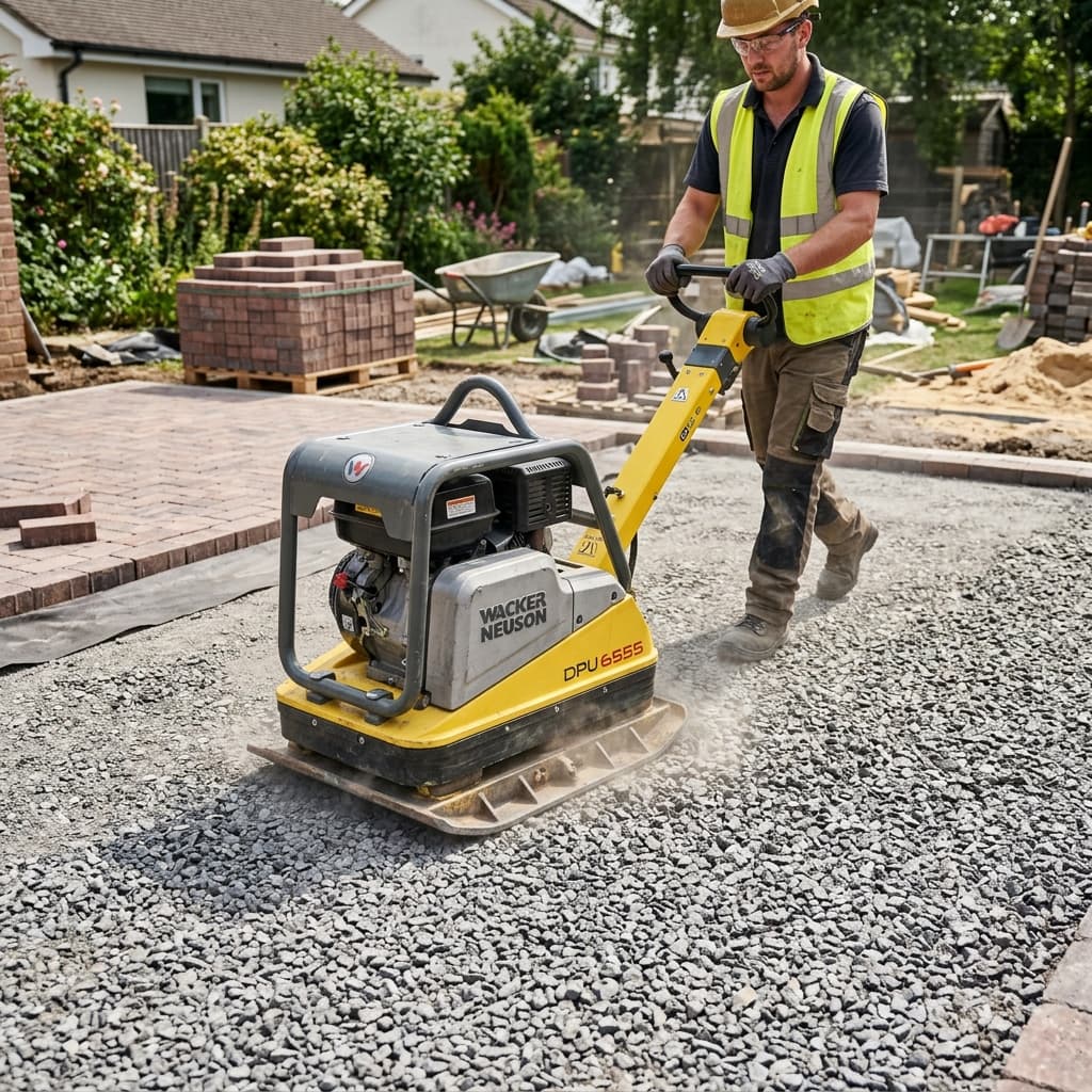 Construction worker compacting crushed gravel base for paver patio