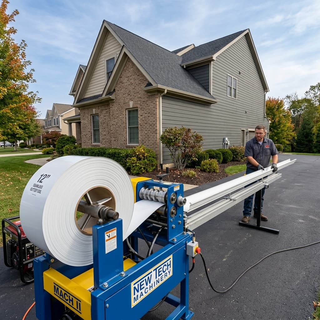 Seamless gutter machine extruding white aluminum gutter coil next to a residential house